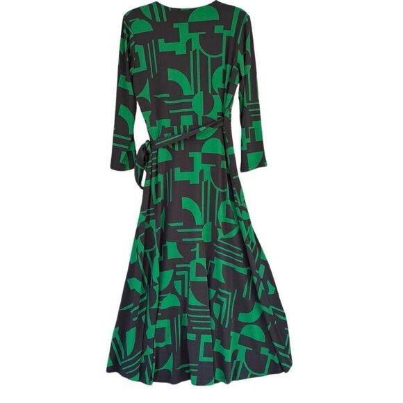 Susan Graver Green Black Geometric Print Knit 3/4 Sleeve Wrap Belted Dress Small - Picture 10 of 10